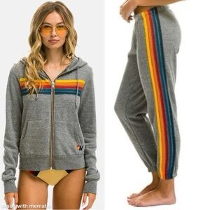 SET Aviator Nation 5 Stripe Gray Hoodie with Rainbow Stripes and Matching Pants
